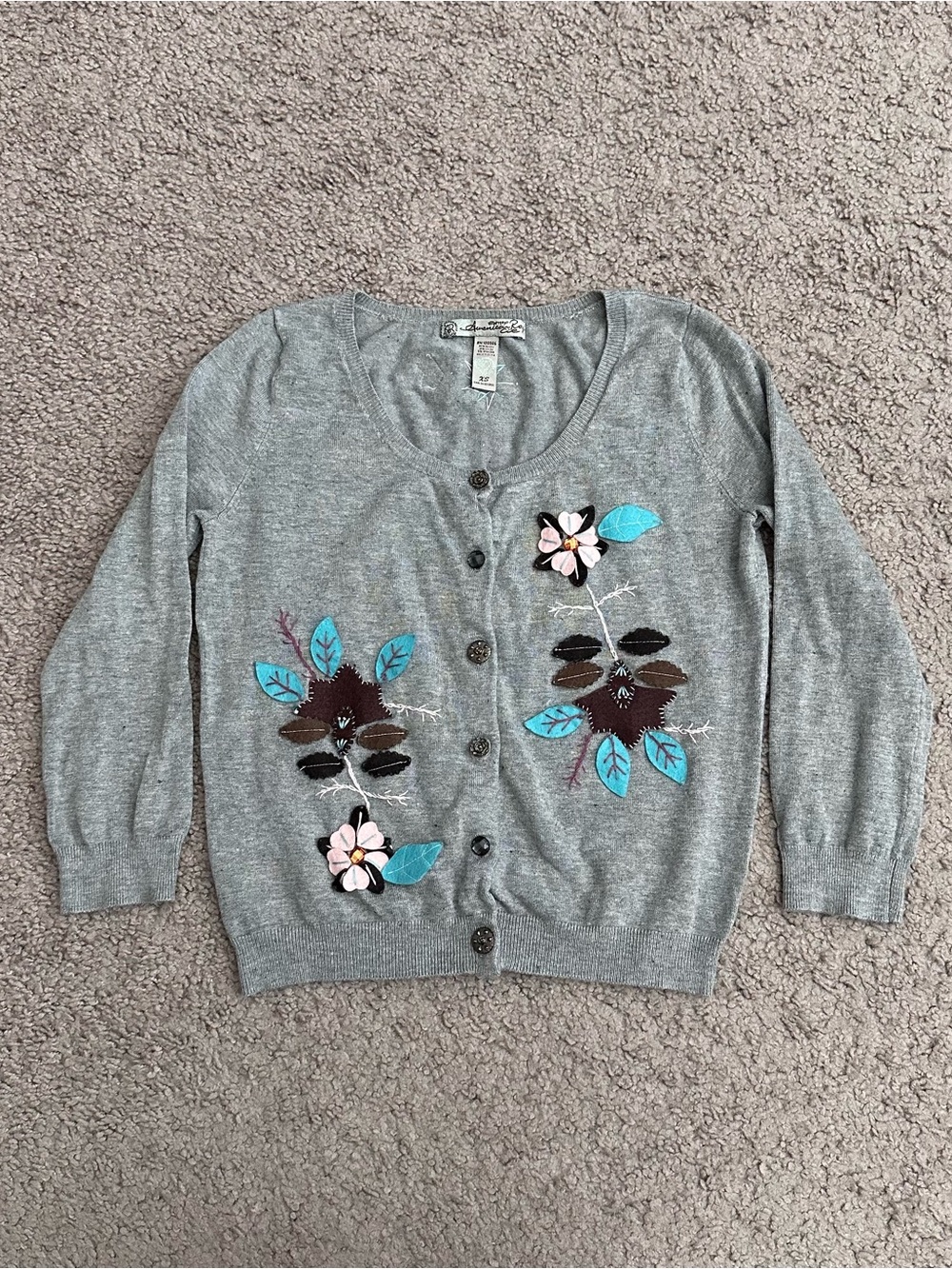 American Rag Cie Gray Floral Felt Patch Cardigan Sweater Womens XS